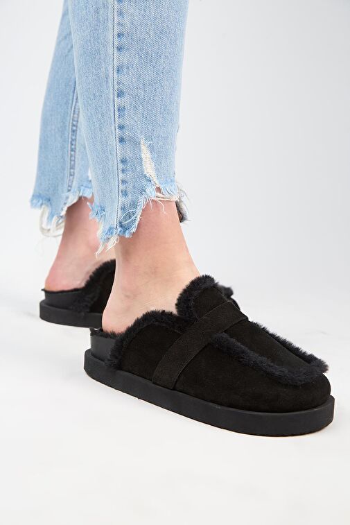 Manijero (Ecemi Platform) Kadın Hakiki Deri Kürklü Loafer Platform Siyah Terlik - Görsel 2