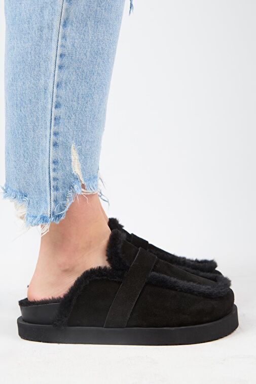 Manijero (Ecemi Platform) Kadın Hakiki Deri Kürklü Loafer Platform Siyah Terlik - Görsel 3