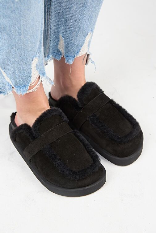 Manijero (Ecemi Platform) Kadın Hakiki Deri Kürklü Loafer Platform Siyah Terlik - Görsel 4