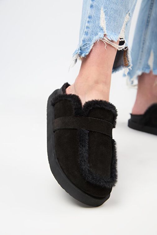 Manijero (Ecemi Platform) Kadın Hakiki Deri Kürklü Loafer Platform Siyah Terlik - Görsel 6