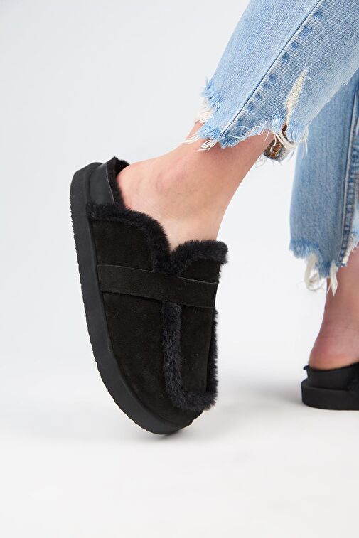 Manijero (Ecemi Platform) Kadın Hakiki Deri Kürklü Loafer Platform Siyah Terlik - Görsel 7