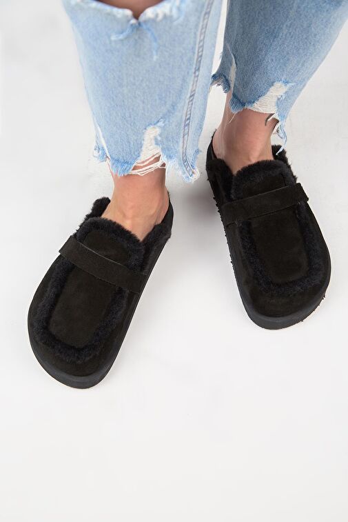 Manijero (Ecemi Platform) Kadın Hakiki Deri Kürklü Loafer Platform Siyah Terlik - Görsel 8