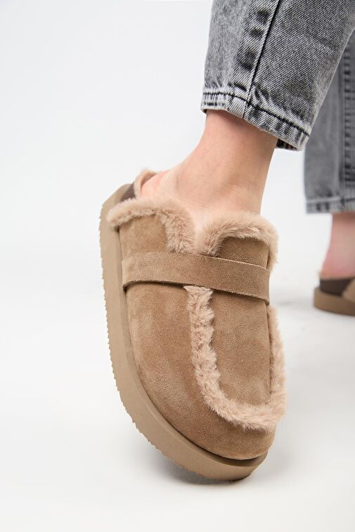 Manijero (Ecemi Platform) Kadın Hakiki Deri Kürklü Loafer Platform Vizon Terlik - Görsel 2