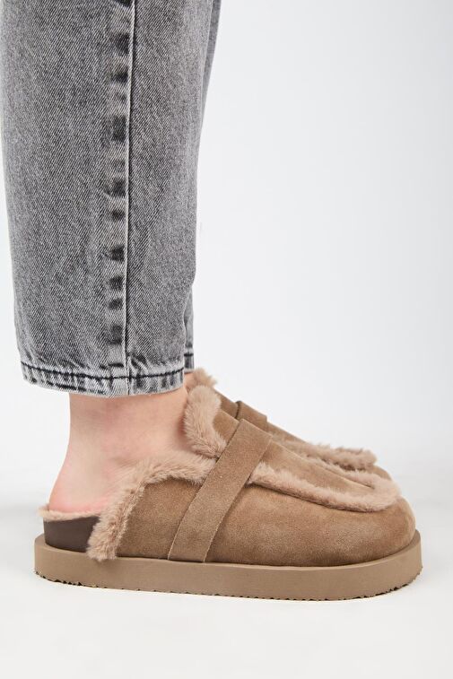 Manijero (Ecemi Platform) Kadın Hakiki Deri Kürklü Loafer Platform Vizon Terlik - Görsel 3