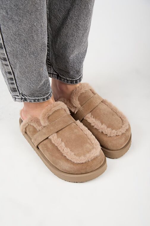 Manijero (Ecemi Platform) Kadın Hakiki Deri Kürklü Loafer Platform Vizon Terlik - Görsel 4