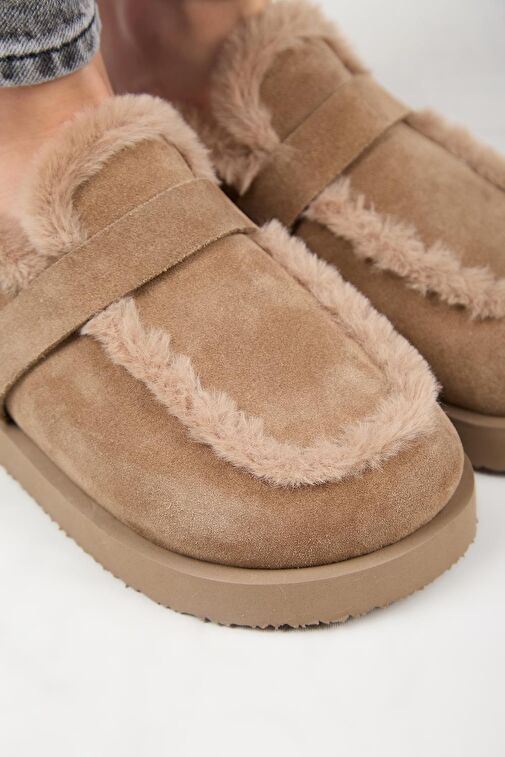 Manijero (Ecemi Platform) Kadın Hakiki Deri Kürklü Loafer Platform Vizon Terlik - Görsel 5