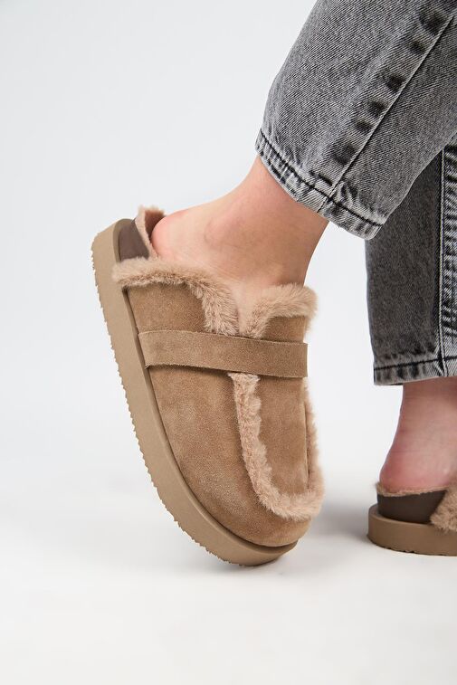 Manijero (Ecemi Platform) Kadın Hakiki Deri Kürklü Loafer Platform Vizon Terlik - Görsel 6