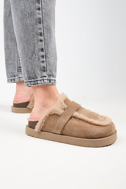 Manijero (Ecemi Platform) Kadın Hakiki Deri Kürklü Loafer Platform Vizon Terlik - Görsel 7