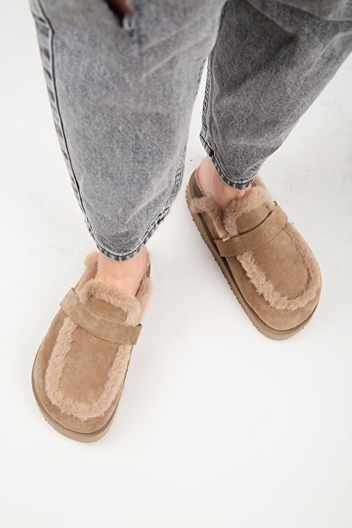 Manijero (Ecemi Platform) Kadın Hakiki Deri Kürklü Loafer Platform Vizon Terlik - Görsel 8