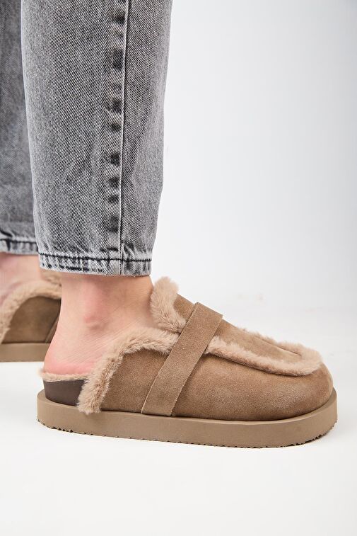 Manijero (Ecemi Platform) Kadın Hakiki Deri Kürklü Loafer Platform Vizon Terlik - Görsel 9