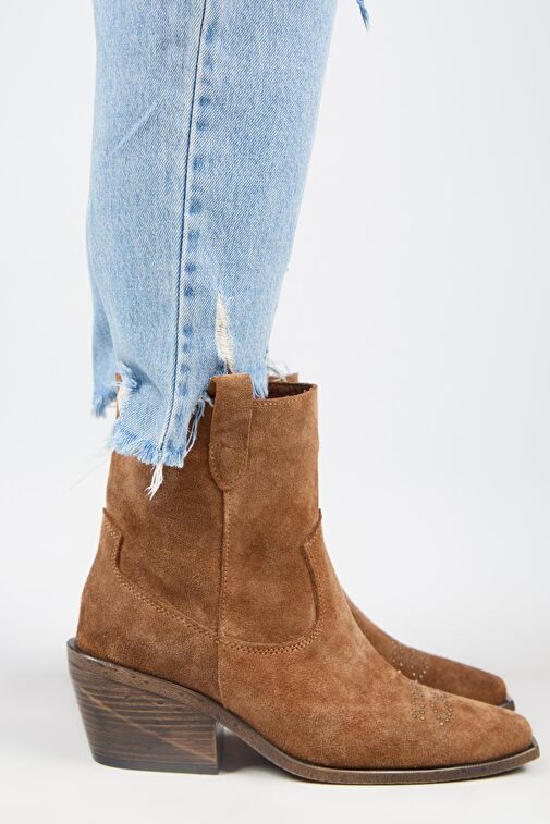 Manijero (Gona) Kadın Hakiki Deri Önü Troklu Kovboy Özel Eskitme Taba Bot - Görsel 2