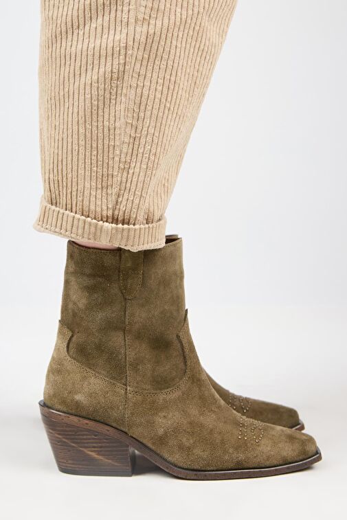 Manijero (Gona) Kadın Hakiki Deri Önü Troklu Kovboy Özel Eskitme Haki Bot - Görsel 2