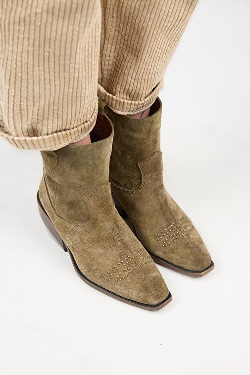 Manijero (Gona) Kadın Hakiki Deri Önü Troklu Kovboy Özel Eskitme Haki Bot - Görsel 3