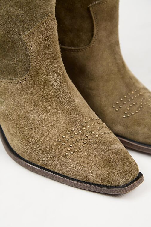 Manijero (Gona) Kadın Hakiki Deri Önü Troklu Kovboy Özel Eskitme Haki Bot - Görsel 4