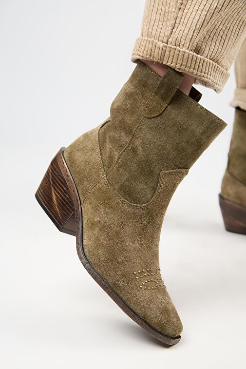 Manijero (Gona) Kadın Hakiki Deri Önü Troklu Kovboy Özel Eskitme Haki Bot - Görsel 5