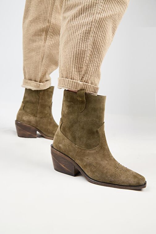 Manijero (Gona) Kadın Hakiki Deri Önü Troklu Kovboy Özel Eskitme Haki Bot - Görsel 6