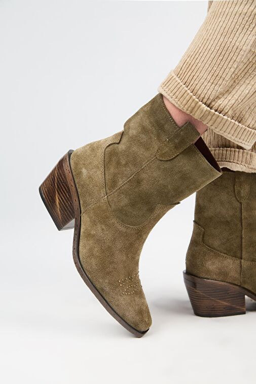 Manijero (Gona) Kadın Hakiki Deri Önü Troklu Kovboy Özel Eskitme Haki Bot - Görsel 7