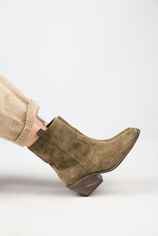 Manijero (Gona) Kadın Hakiki Deri Önü Troklu Kovboy Özel Eskitme Haki Bot - Görsel 8