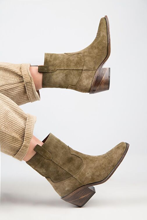 Manijero (Gona) Kadın Hakiki Deri Önü Troklu Kovboy Özel Eskitme Haki Bot - Görsel 9