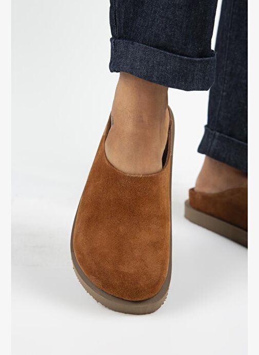 Manijero (Jana) Kadın Hakiki Deri Düz Platform Taba Terlik - Görsel 6