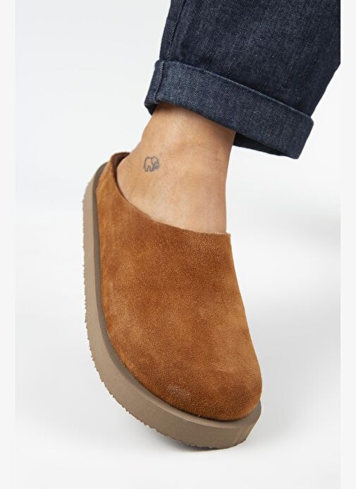 Manijero (Jana) Kadın Hakiki Deri Düz Platform Taba Terlik - Görsel 5