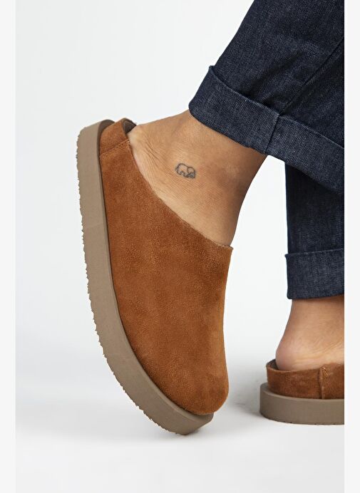 Manijero (Jana) Kadın Hakiki Deri Düz Platform Taba Terlik - Görsel 7