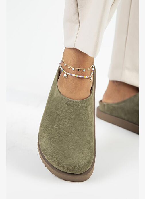 Manijero (Jana) Kadın Hakiki Deri Düz Platform Haki Terlik - Görsel 6