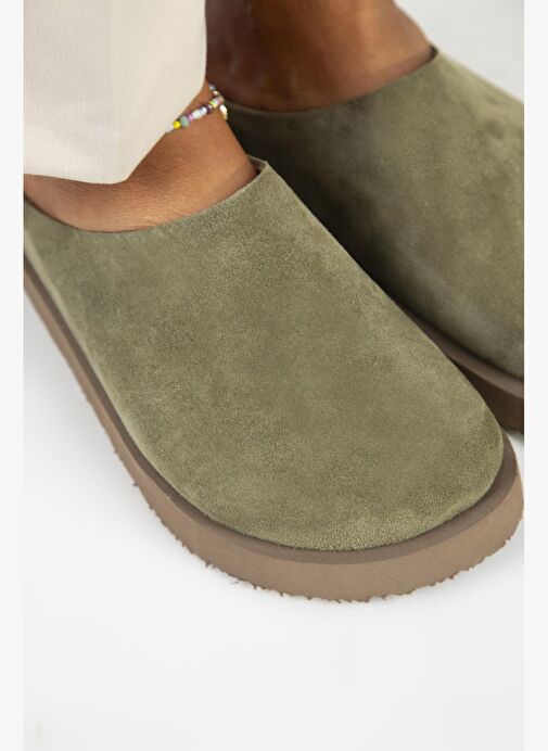 Manijero (Jana) Kadın Hakiki Deri Düz Platform Haki Terlik - Görsel 4