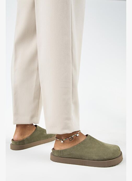 Manijero (Jana) Kadın Hakiki Deri Düz Platform Haki Terlik - Görsel 7