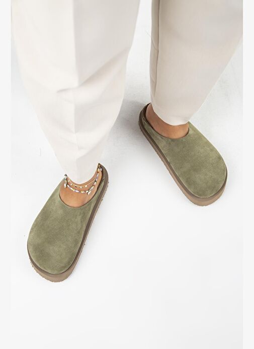 Manijero (Jana) Kadın Hakiki Deri Düz Platform Haki Terlik - Görsel 8