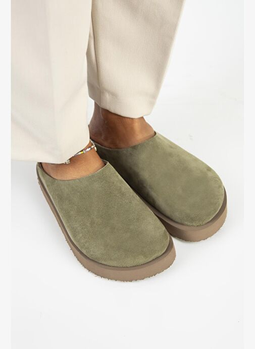 Manijero (Jana) Kadın Hakiki Deri Düz Platform Haki Terlik - Görsel 3