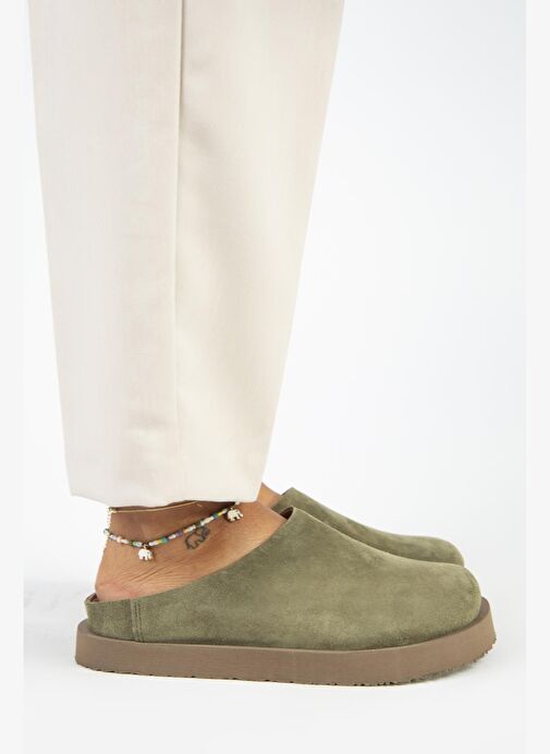 Manijero (Jana) Kadın Hakiki Deri Düz Platform Haki Terlik - Görsel 2