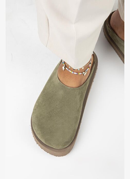 Manijero (Jana) Kadın Hakiki Deri Düz Platform Haki Terlik - Görsel 9