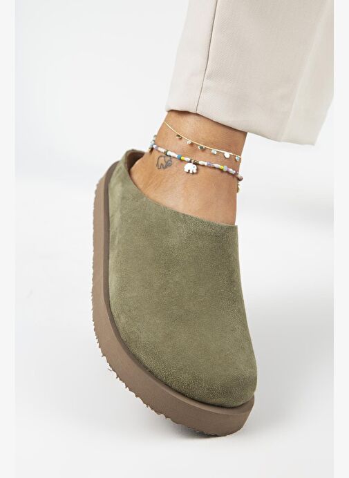 Manijero (Jana) Kadın Hakiki Deri Düz Platform Haki Terlik - Görsel 5