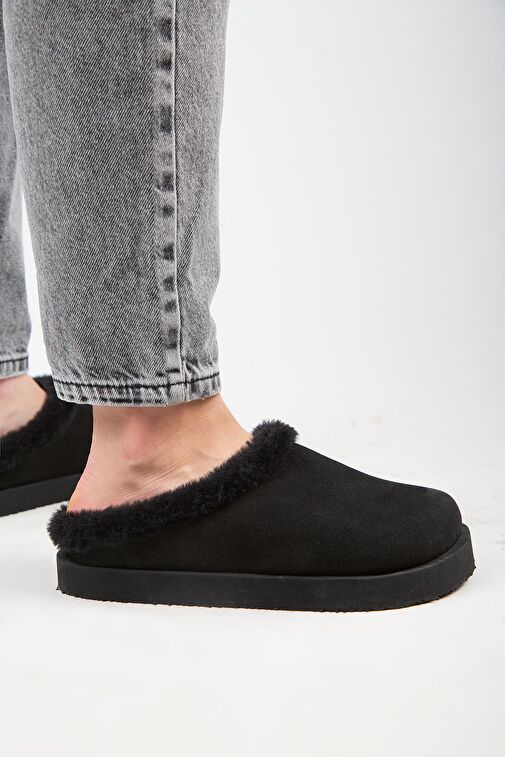 Manijero Siyah Kadın Deri - Kürklü Terlik MNJ.180.01 - Görsel 2