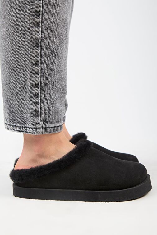 Manijero Siyah Kadın Deri - Kürklü Terlik MNJ.180.01 - Görsel 3