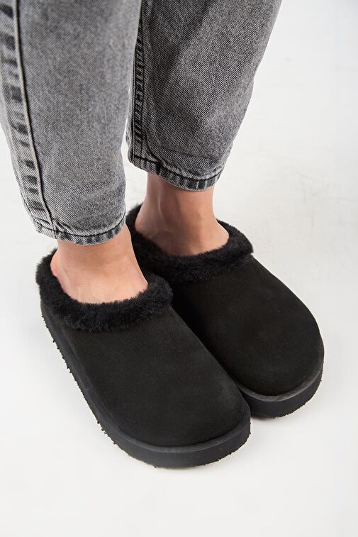 Manijero Siyah Kadın Deri - Kürklü Terlik MNJ.180.01 - Görsel 4