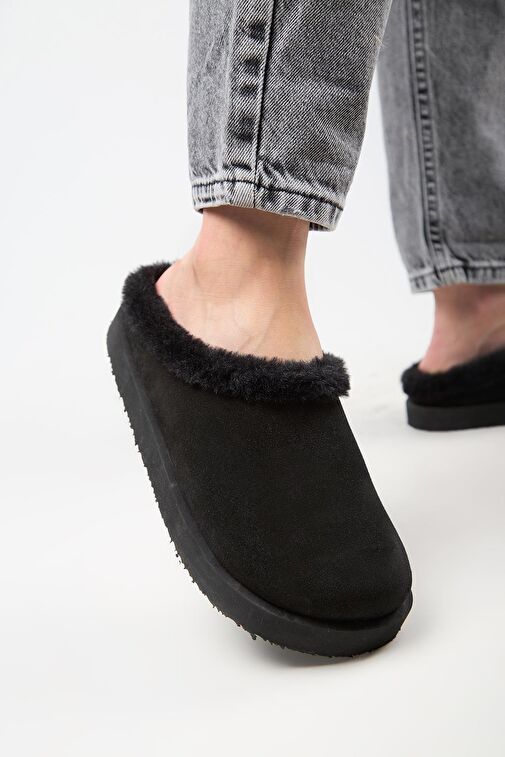 Manijero Siyah Kadın Deri - Kürklü Terlik MNJ.180.01 - Görsel 6