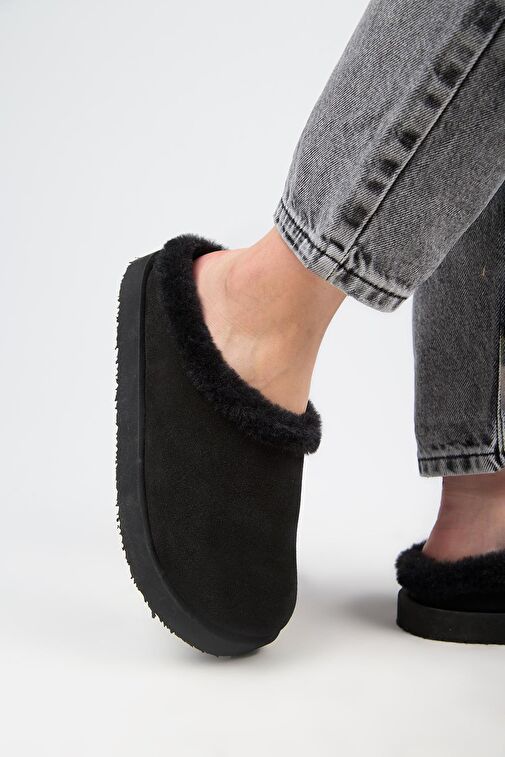 Manijero Siyah Kadın Deri - Kürklü Terlik MNJ.180.01 - Görsel 7