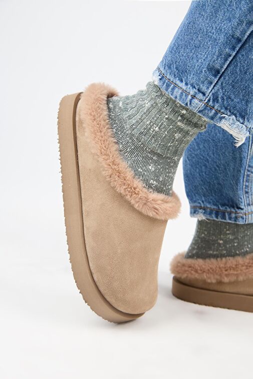 Manijero (Jana Kürklü) Kadın Hakiki Deri Düz Platform Vizon Terlik - Görsel 2