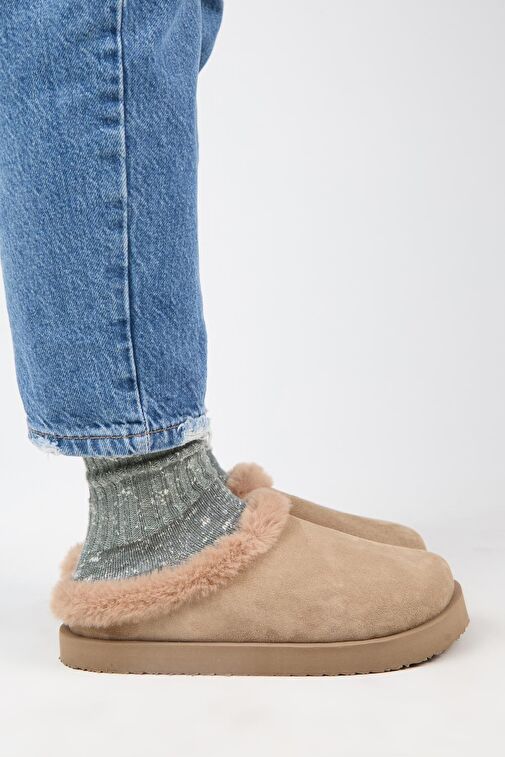 Manijero (Jana Kürklü) Kadın Hakiki Deri Düz Platform Vizon Terlik - Görsel 3