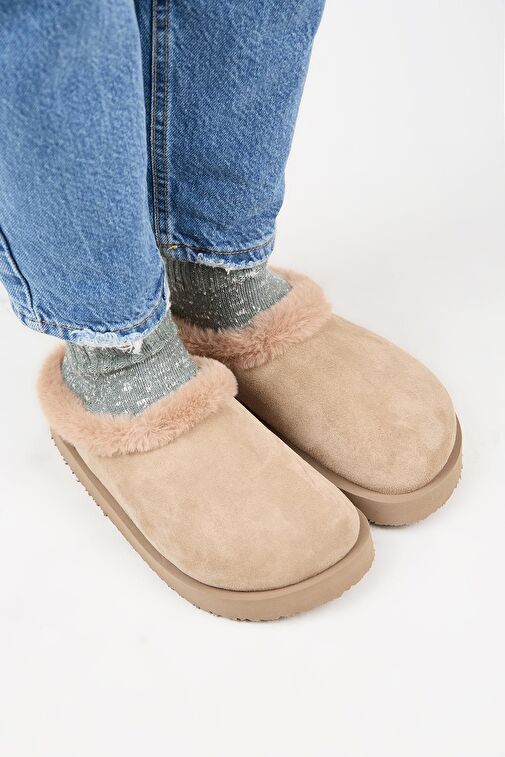 Manijero (Jana Kürklü) Kadın Hakiki Deri Düz Platform Vizon Terlik - Görsel 4