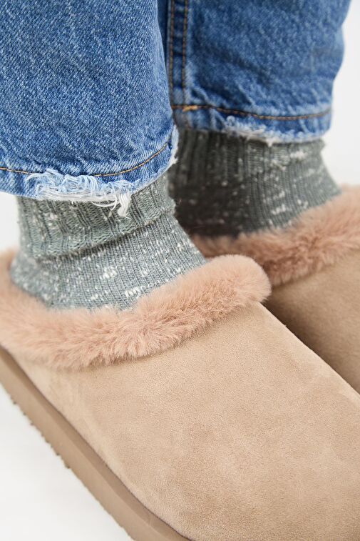 Manijero (Jana Kürklü) Kadın Hakiki Deri Düz Platform Vizon Terlik - Görsel 5