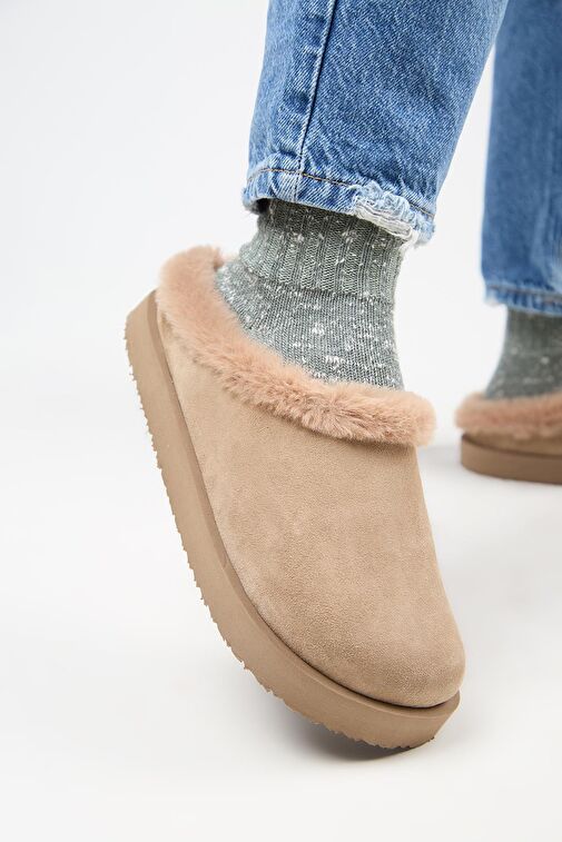 Manijero (Jana Kürklü) Kadın Hakiki Deri Düz Platform Vizon Terlik - Görsel 6