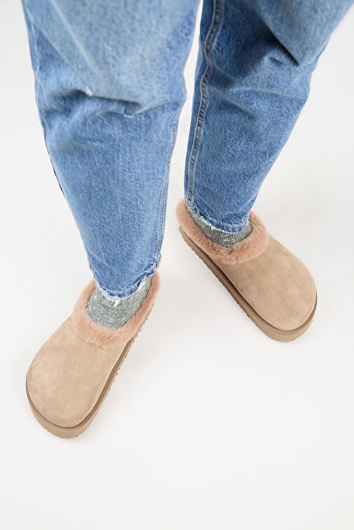 Manijero (Jana Kürklü) Kadın Hakiki Deri Düz Platform Vizon Terlik - Görsel 8