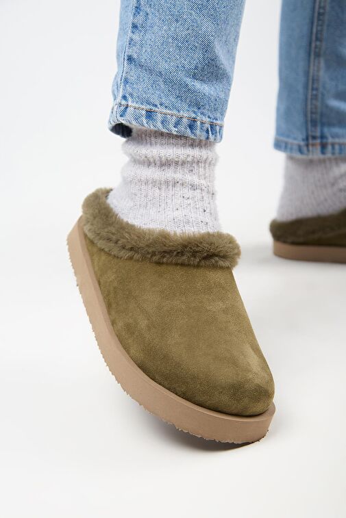 Manijero Haki Kadın Deri - Kürklü Terlik MNJ.180.04 - Görsel 2