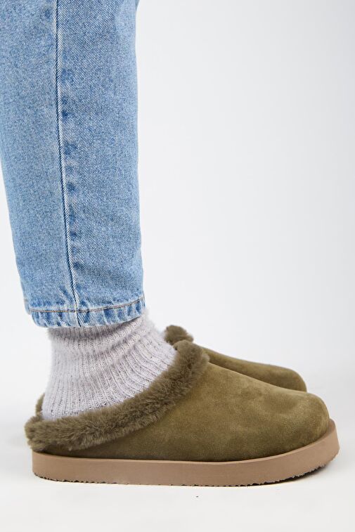 Manijero Haki Kadın Deri - Kürklü Terlik MNJ.180.04 - Görsel 3