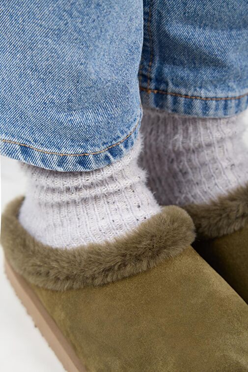 Manijero Haki Kadın Deri - Kürklü Terlik MNJ.180.04 - Görsel 5