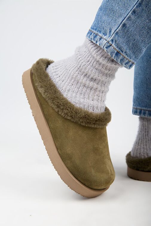 Manijero Haki Kadın Deri - Kürklü Terlik MNJ.180.04 - Görsel 6