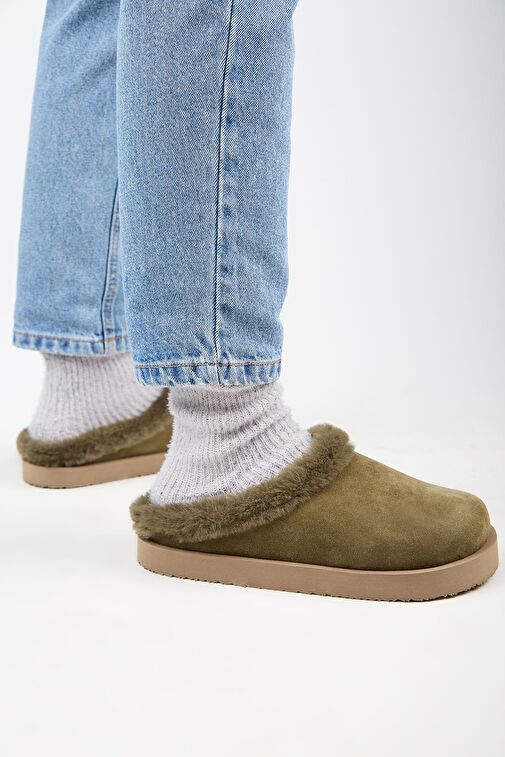 Manijero Haki Kadın Deri - Kürklü Terlik MNJ.180.04 - Görsel 7